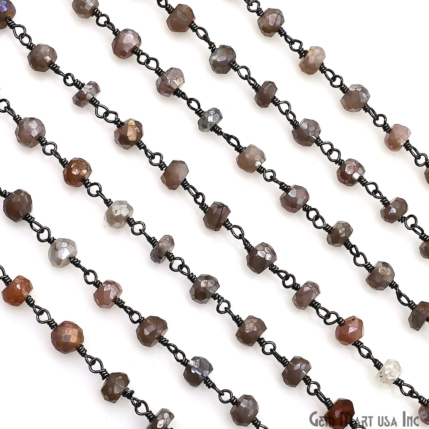 Coated Gray Moonstone Faceted 5-6mm Oxidized Wire Wrapped Beads Rosary Chain