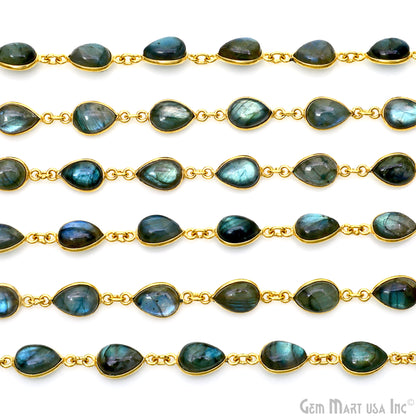 Labradorite Cabochon Pears 7x11mm Gold Plated Bezel Continuous Connector Chain