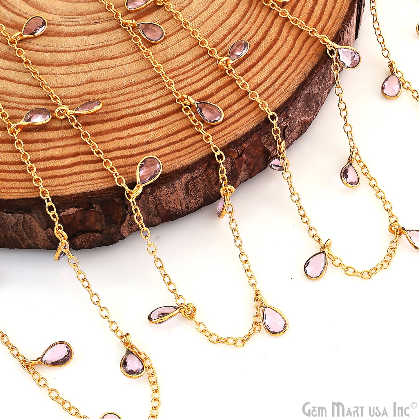 Morganite Pear Bezel 5x4mm Gold Plated Bezel Dangle Connector Chain