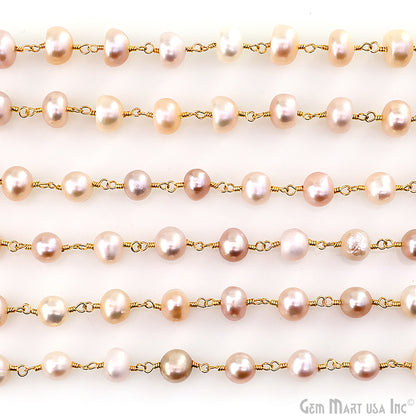 Wholesale Pink Pearl gold plated wire wrapped  link chain beaded necklace diy jewelry supply, 