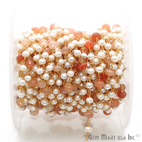 Sunstone 6-7mm, Freshwater Pearl 5mm Beaded Gold Plated Wire Wrapped Rosary Chain - GemMartUSA