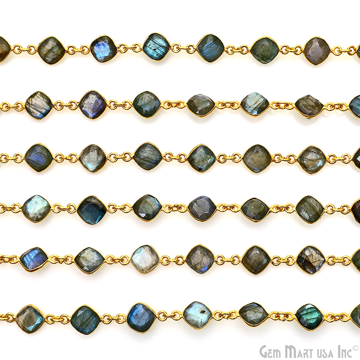 Labradorite Cushion 6-8mm Gold Plated Bezel Continuous Connector Chain