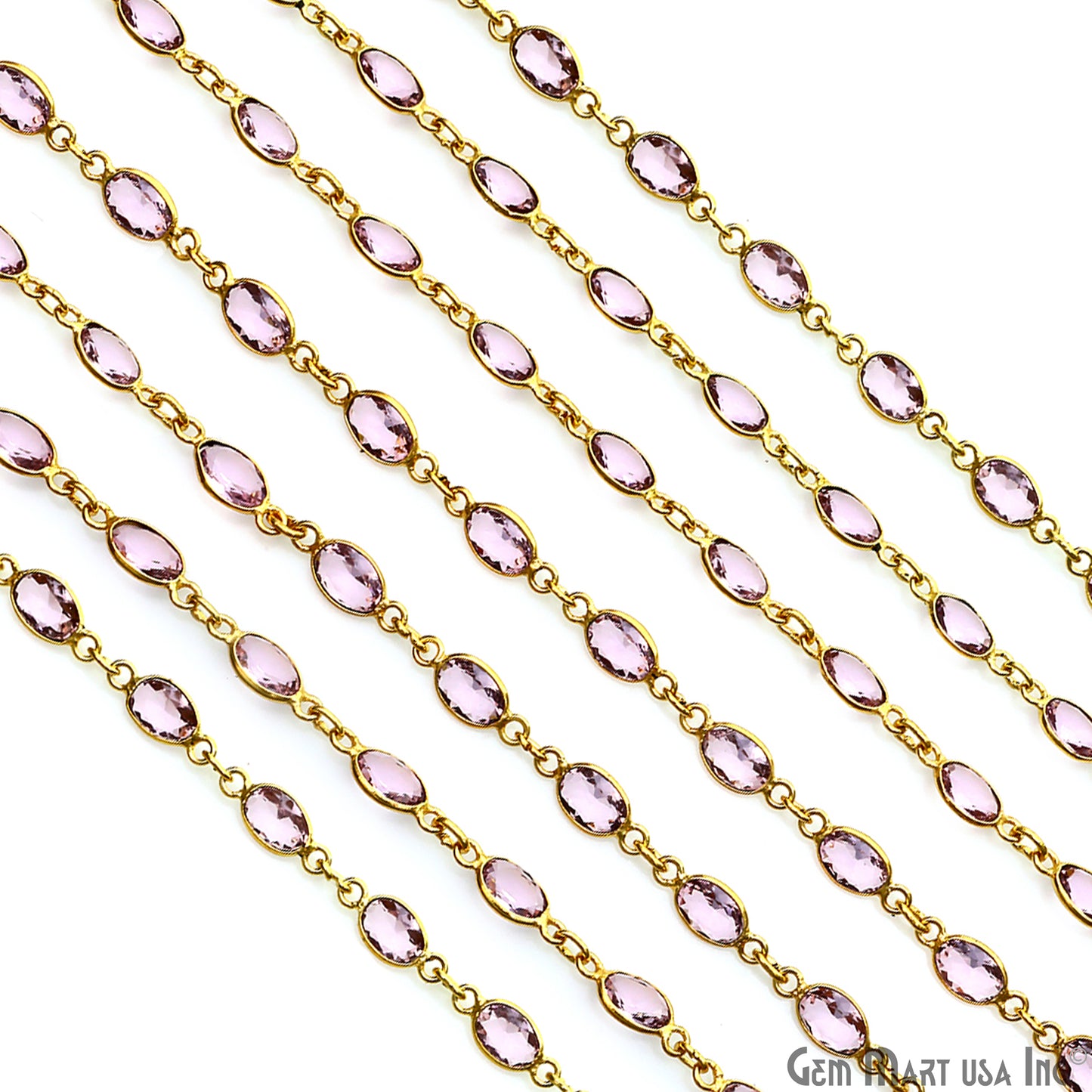 Pink Zircon Oval 7x5mm Bezel Link Silver Plated Continuous Connector Chain