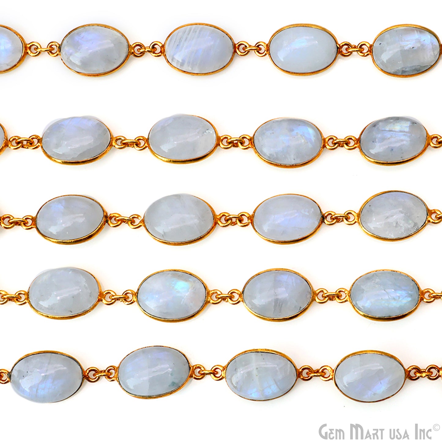 Rainbow Moonstone Cabochon Oval 10x14mm Gold Plated Continuous Connector Chain