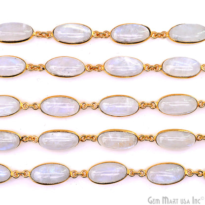 Rainbow Moonstone Cabochon Oval 8x16mm Gold Plated Continuous Connector Chain