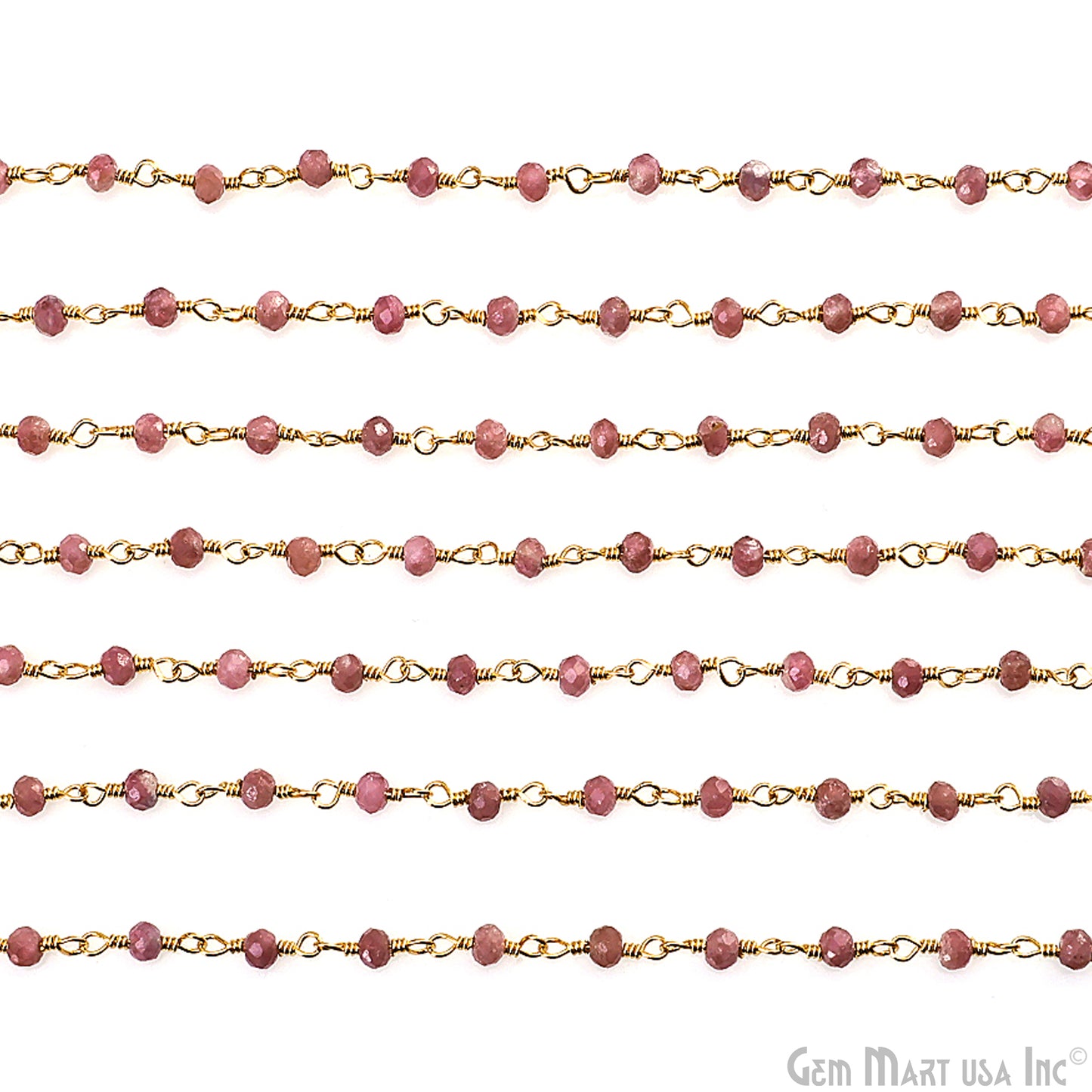 Pink Tourmaline 3-3.5mm Gold Plated Beaded Wire Wrapped Rosary Chain