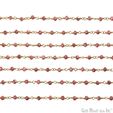 Pink Tourmaline 3-3.5mm Gold Plated Beaded Wire Wrapped Rosary Chain