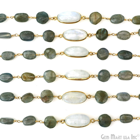 Labradorite & Rainbow Moonstone Bezel Gold Plated Wire Wrapped Rosary Chain