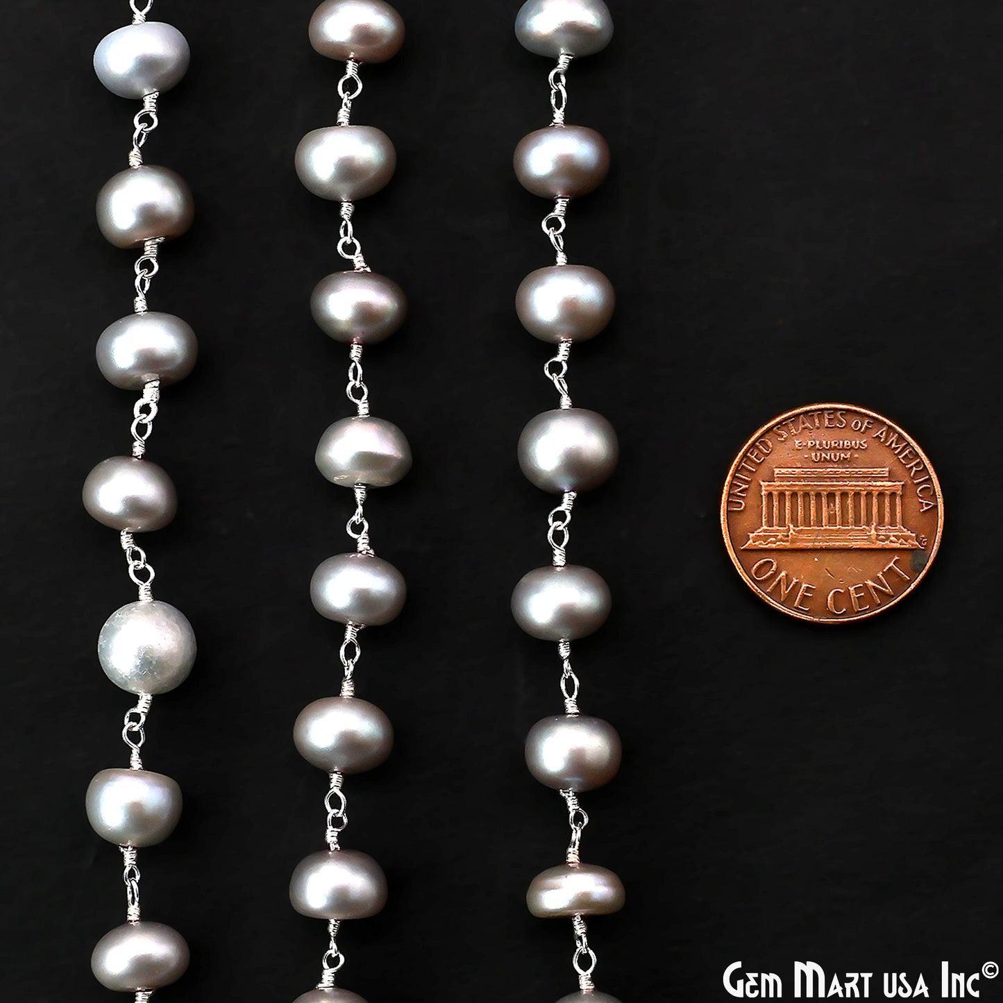 Gray Pearl Cabochon Beads 8-9mm Silver Plated Gemstone Rosary Chain