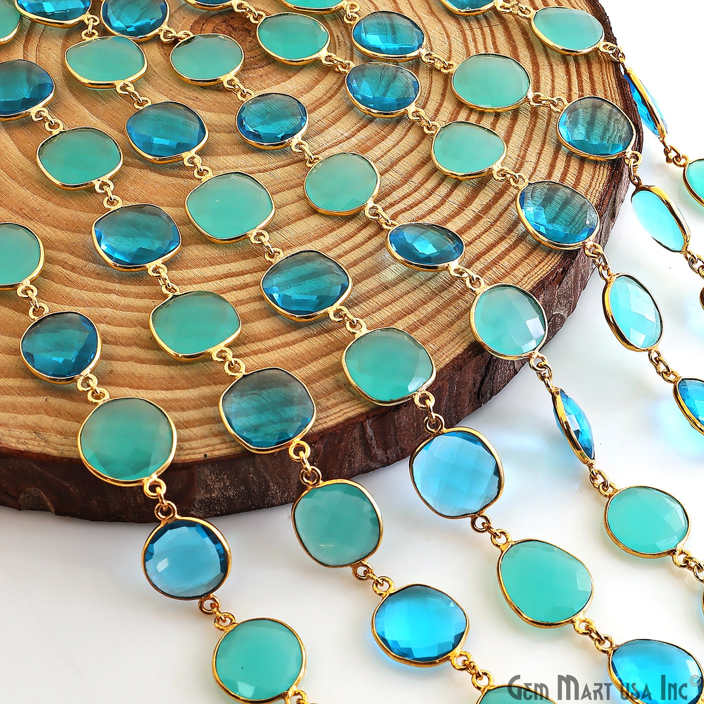 Aqua Chalcedony With Blue Topaz 10-15mm Mix Shape Gold Plated Continuous Connector Chain