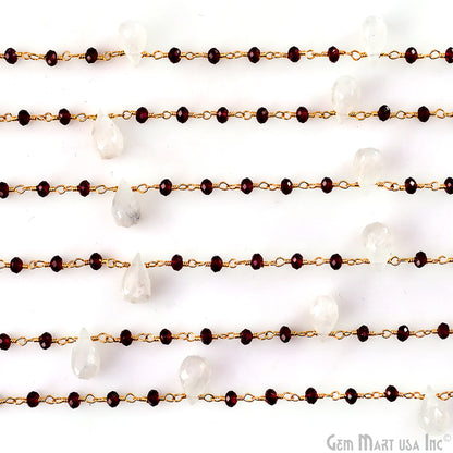 Garnet Beads & Rainbow Moonstone Drop Beads Gold Wire Wrapped Beads Rosary Chain