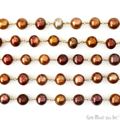 Golden Pearl Cabochon Beads 9-10mm Gold Plated Gemstone Rosary Chain