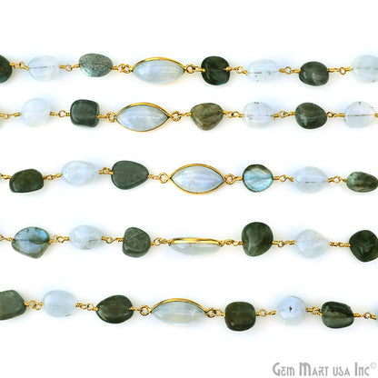 Labradorite & Rainbow Moonstone Tumble & Bezel Gold Plated Wire Wrapped Rosary Chain