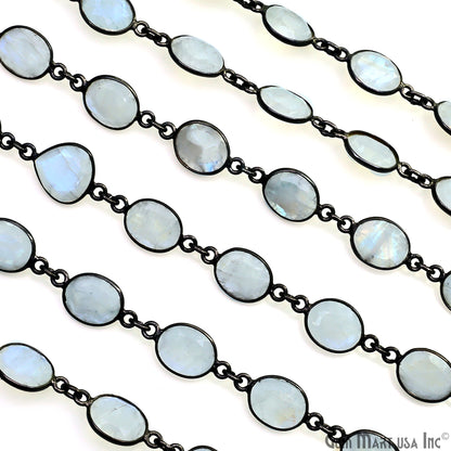 Rainbow Moonstone 10mm Mix Shape Oxidized Bezel Continuous Connector Chain