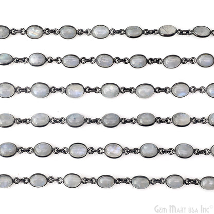 Rainbow Moonstone 6x8mm Oval Oxidized Bezel Cabochon Continuous Connector Chain