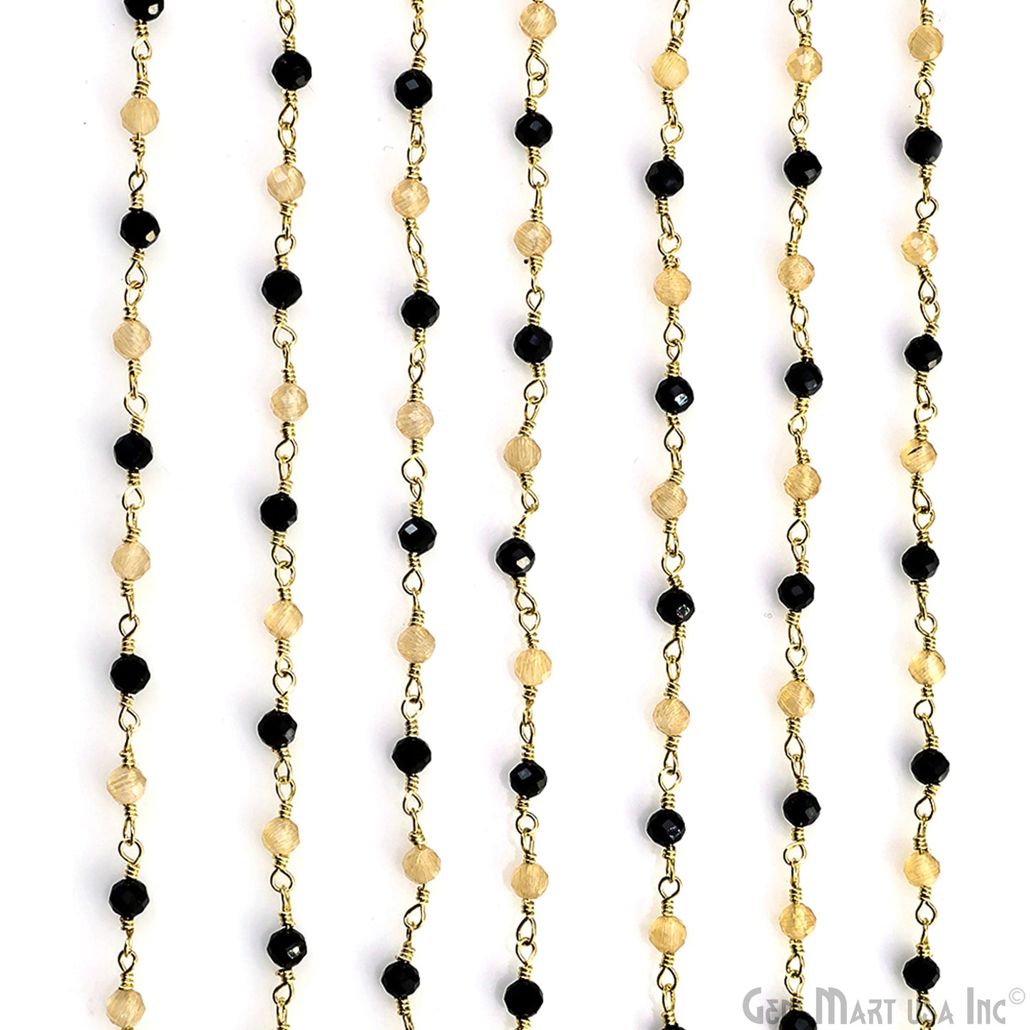 Caramel Monalisa & Black Monalisa Faceted 3-3.5mm Gold Plated Beaded Wire Wrapped Rosary Chain