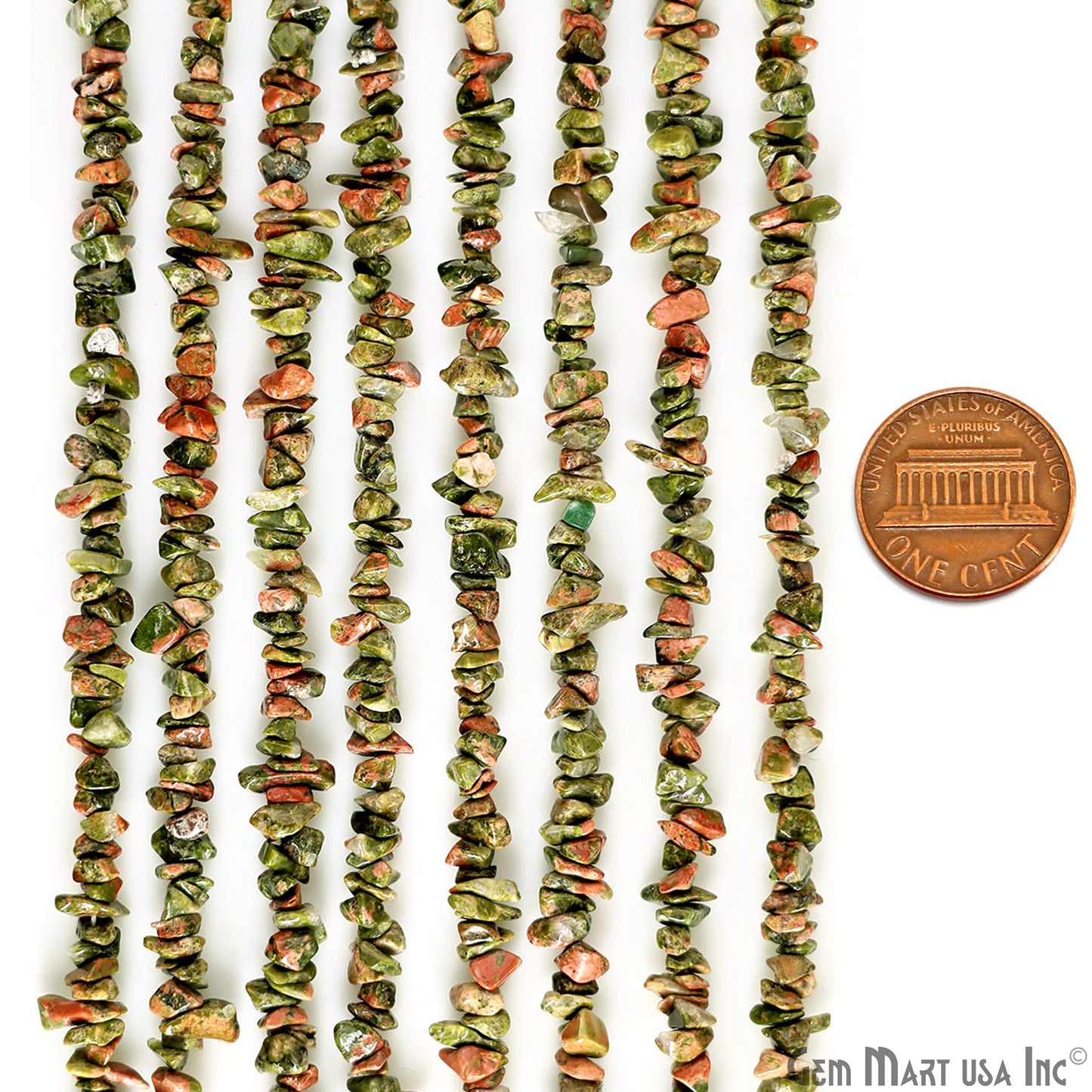 Unakite Chip Beads, 34 Inch, Natural Chip Strands, Drilled Strung Nugget Beads, 3-7mm, Polished, GemMartUSA (CHUN-70001)