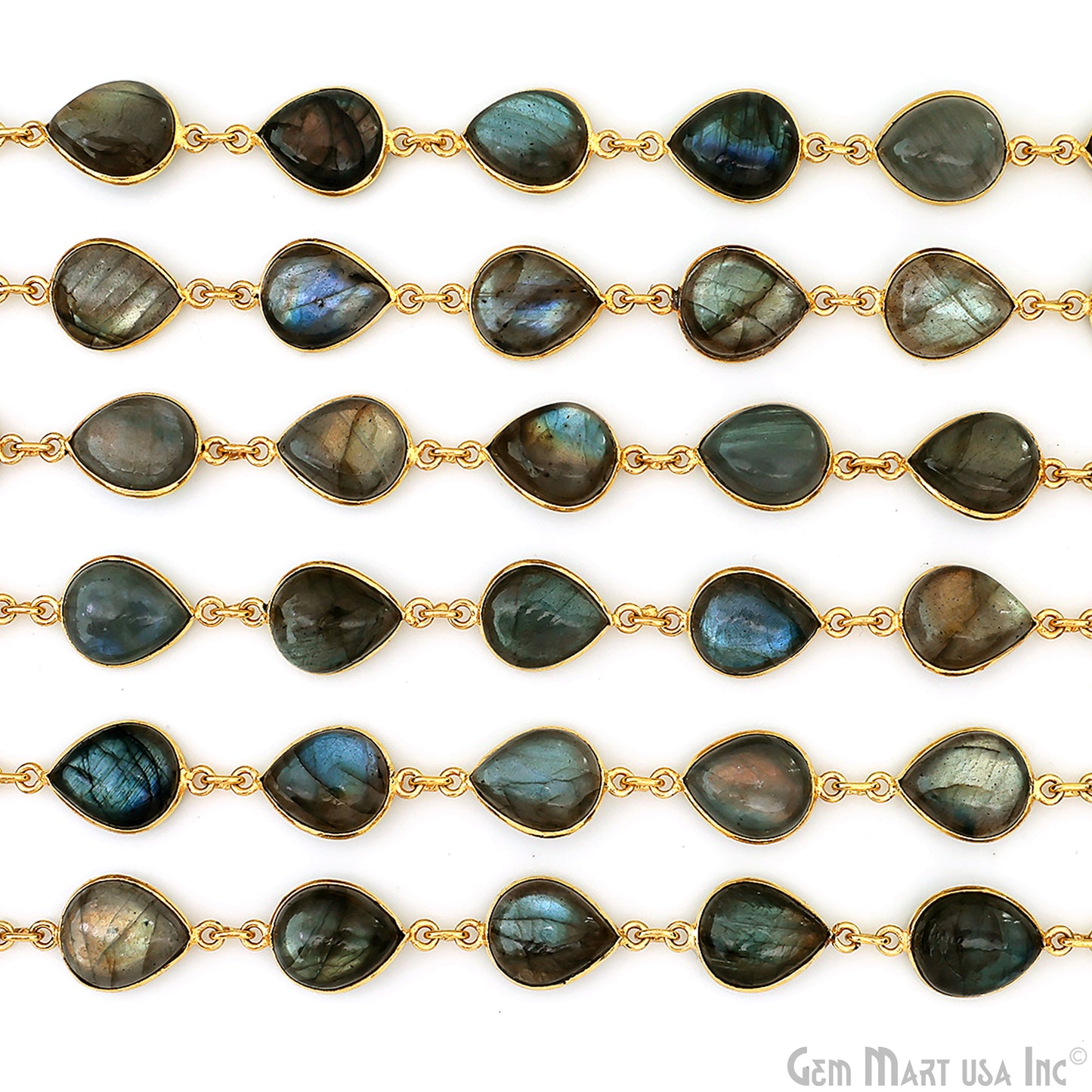 Labradorite 10x12mm Pears Gold Plated Bezel Cabochon Continuous Connector Chain