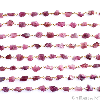 Pink Tourmaline 6x8mm Nugget Rough Gemstone Gold Wire Wrapped Rosary Chain