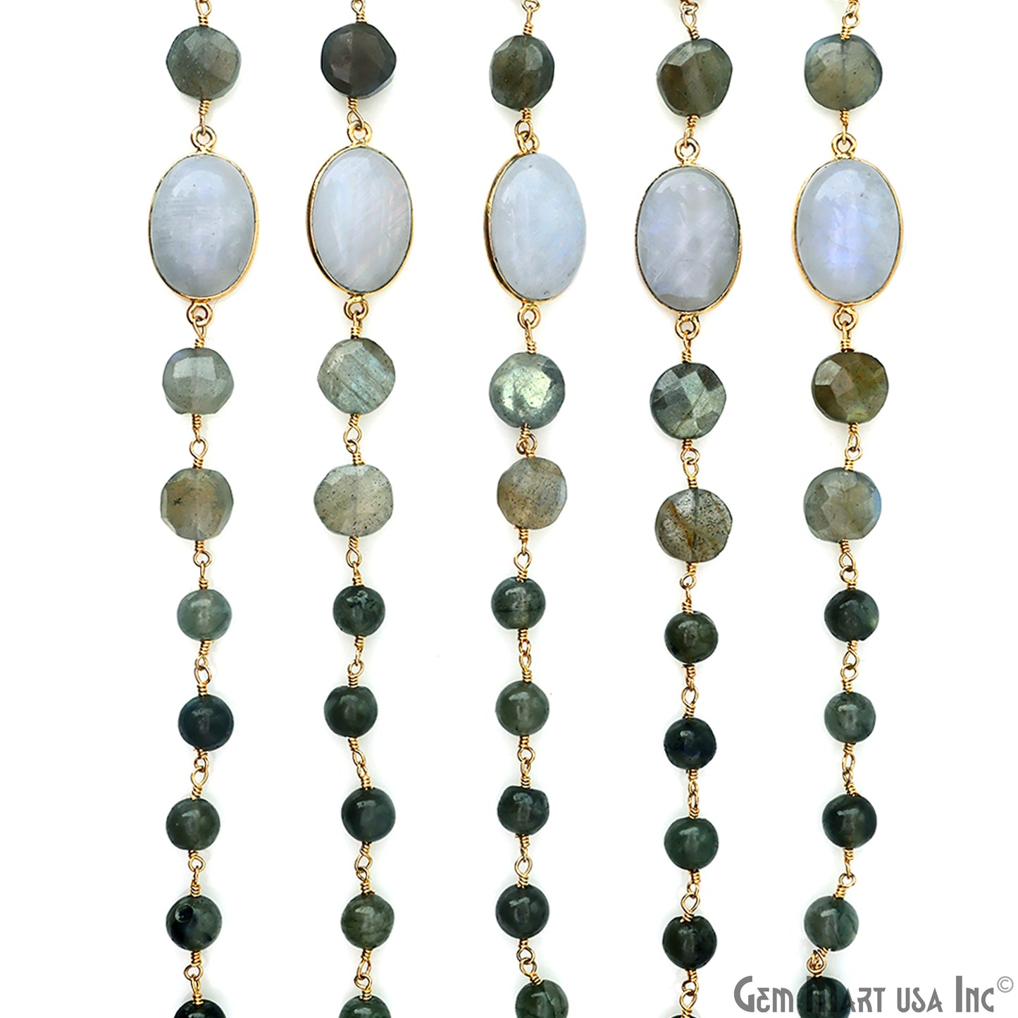 Labradorite Beads & Coin With Rainbow Moonstone Oval Bezel Gold Plated Rosary Chain