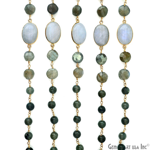 Labradorite Beads & Coin With Rainbow Moonstone Oval Bezel Gold Plated Rosary Chain