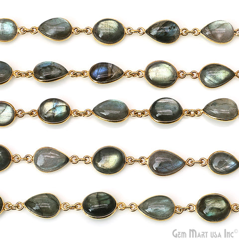 Labradorite Oval 9x11mm & Pears 8x12mm Gold Bezel Cabochon Continuous Connector Chain