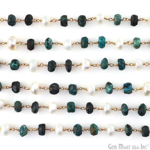 Chrysocolla & Pearl Rondelle Beads Gold Plated Wire Wrapped Rosary Chain