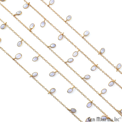 Rainbow Moonstone Cabochon Oval 6x4mm Gold Plated Bezel Connector Dangle Rosary Chain