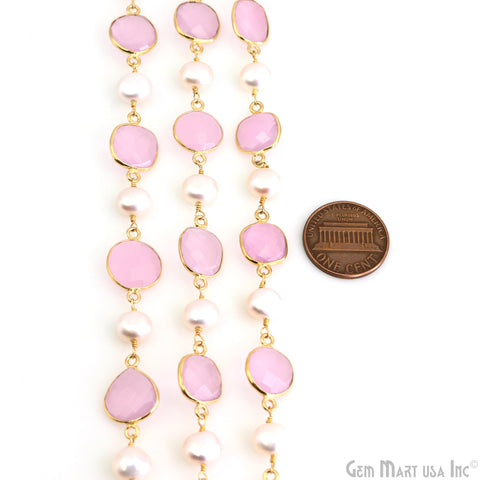 Rose Chalcedony & Freshwater Pearl Gold Plated Bezel Link Continuous Connector Chain