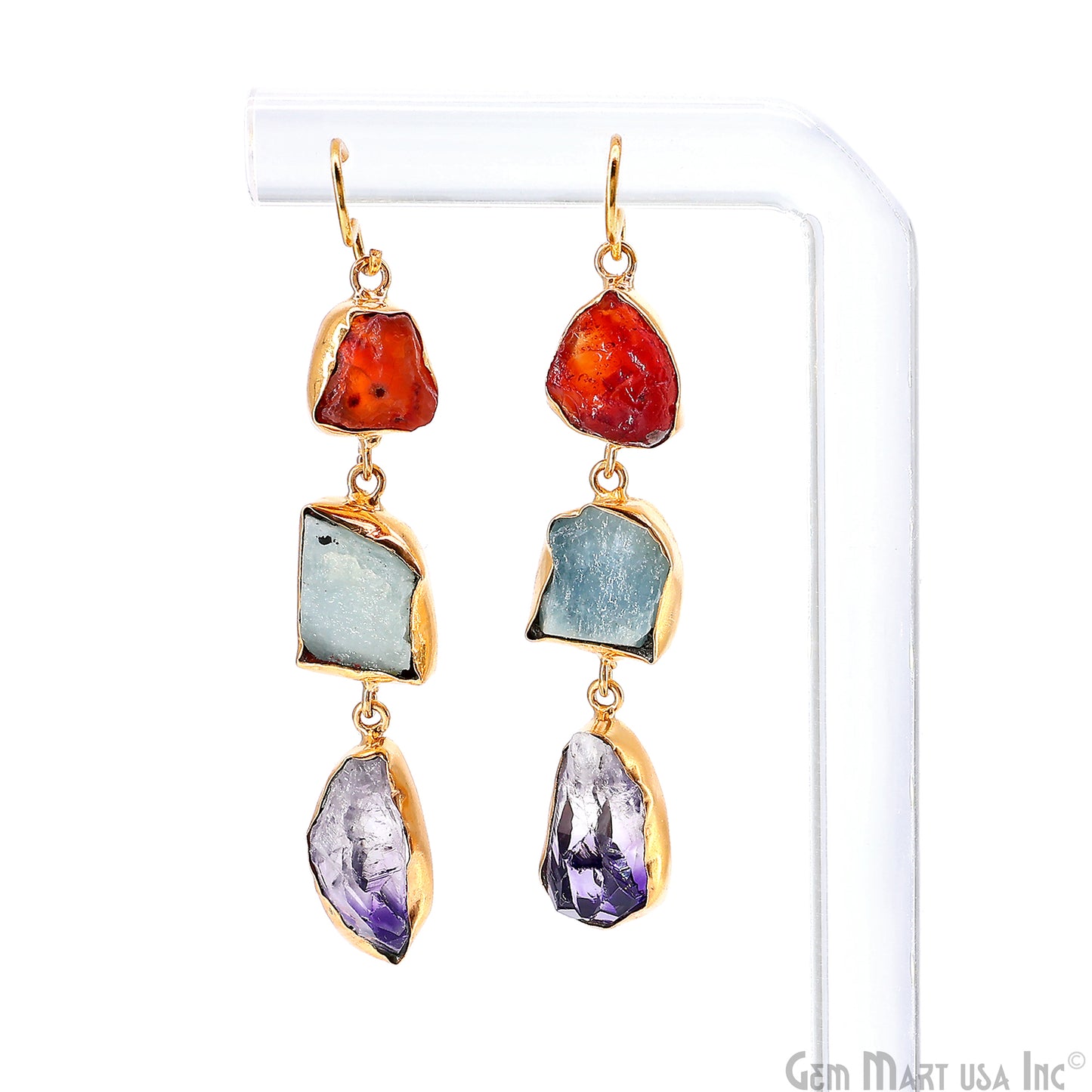 Rough Gemstone Bezel Setting 60x10mm Gold Plated Long Dangle Earring Pair Connectors