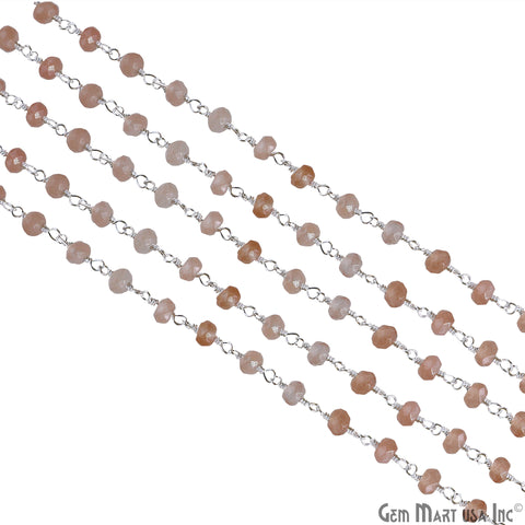 Sunstone 4mm Round Faceted Beads Silver Wire Wrapped Rosary