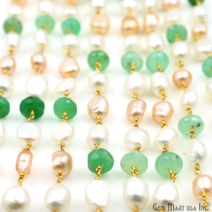 Chrysoprase & Freshwater Pearl Faceted Beads Gold Plated Wire Wrapped Rosary Chain