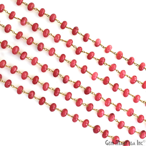 Ruby Jade Cabochon 8-9mm Gold Wire Wrapped Rosary Chain