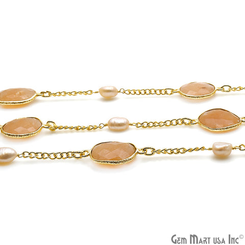 Sand Chalcedony & Freshwater Pearls 10-15mm Faceted Chalcedony Gold Plated Connector Chain - GemMartUSA