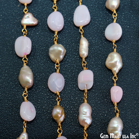 Pink Opal & Pink Freshwater Pearl Tumbled Beads 10x6mm Gold Plated Wire Wrapped Rosary Chain