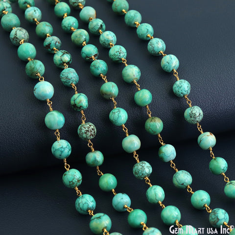 Turquoise Green Cabochon 9-10mm Gold Plated Wire Wrapped Rosary Chain