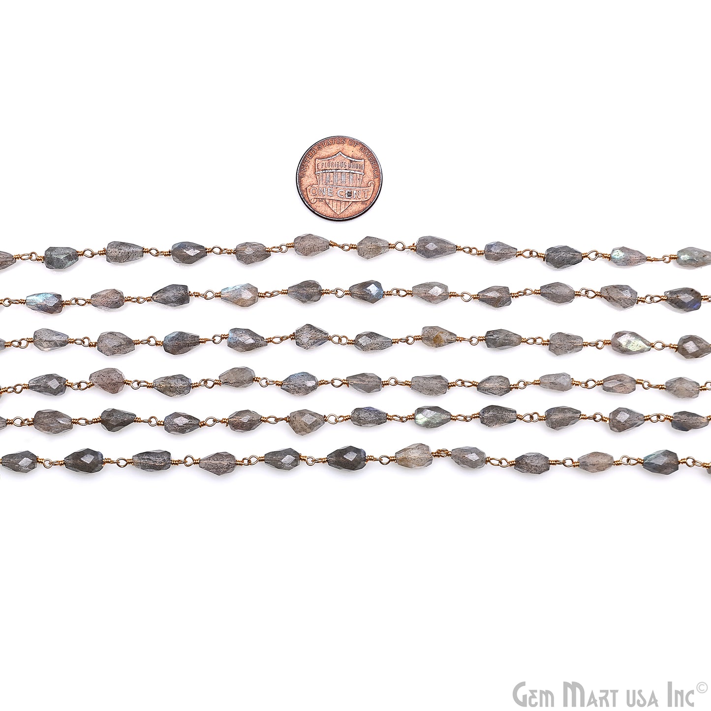 Labradorite 8x5mm Cone Shape Gold Wire Wrapped Rosary Chain