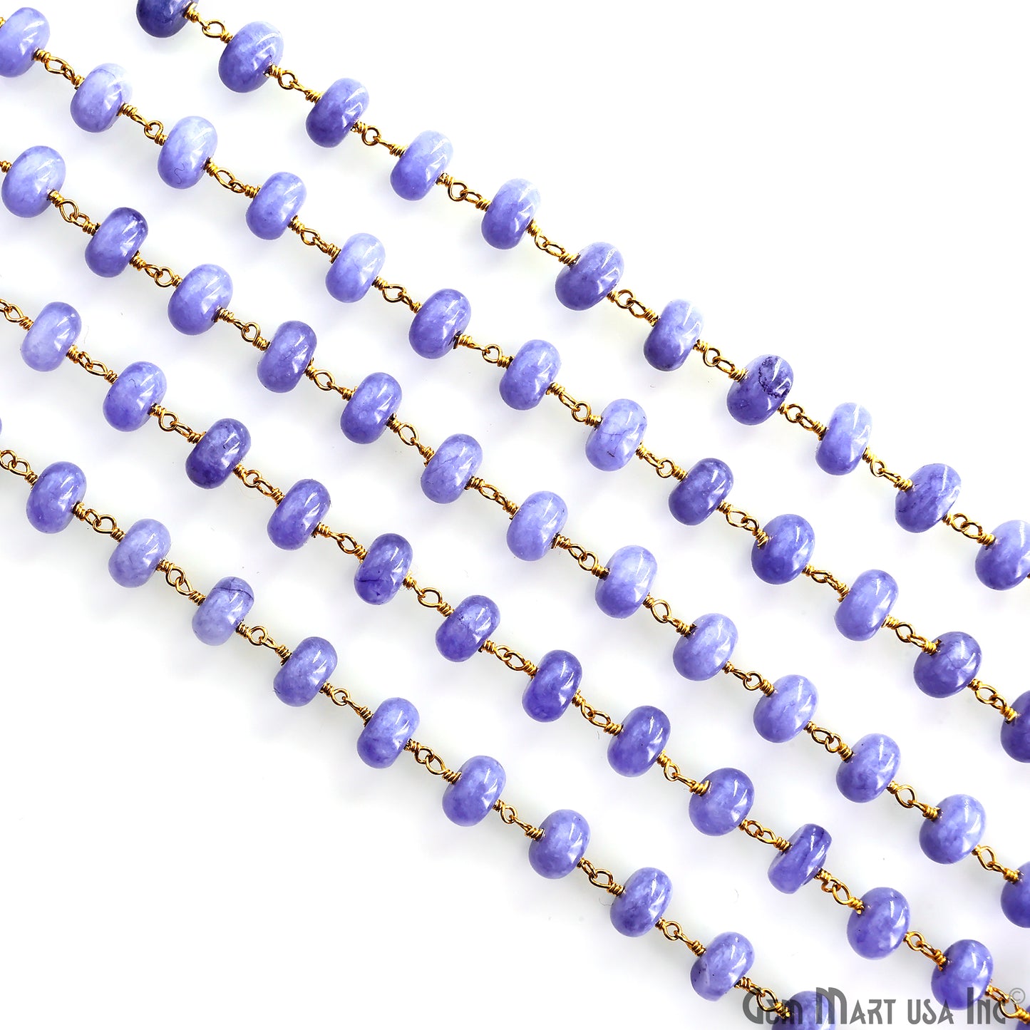 Lavender Jade Cabochon 8-9mm Gold Wire Wrapped Rosary Chain