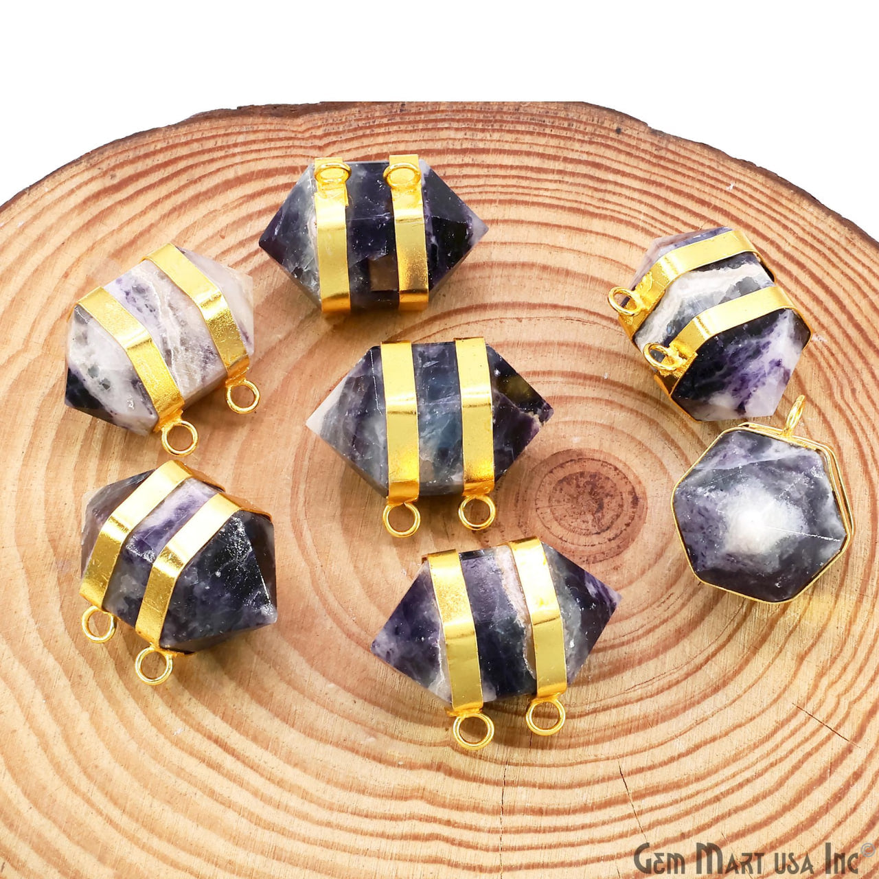 Amethyst Double Point Pendant Cat Bail Gold Plated 32x20mm