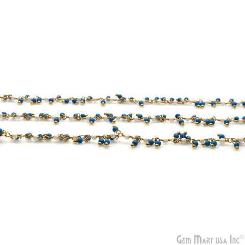 Turquoise & Freshwater Pearl Faceted Beads 2-2.5mm Gold Wire Wrapped Cluster Rosary Chain