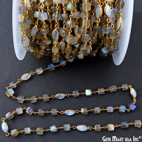 Labradorite Box Beads & Moonstone Bezel Connector Gold Plated Rosary Chain