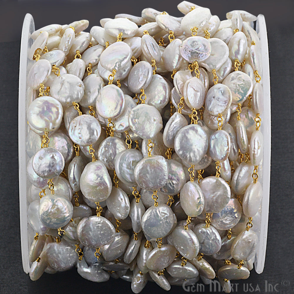 Freshwater Pearl Coin Beads 10mm Gold Plated Wire Wrapped Gemstone Beads Rosary Chain - GemMartUSA