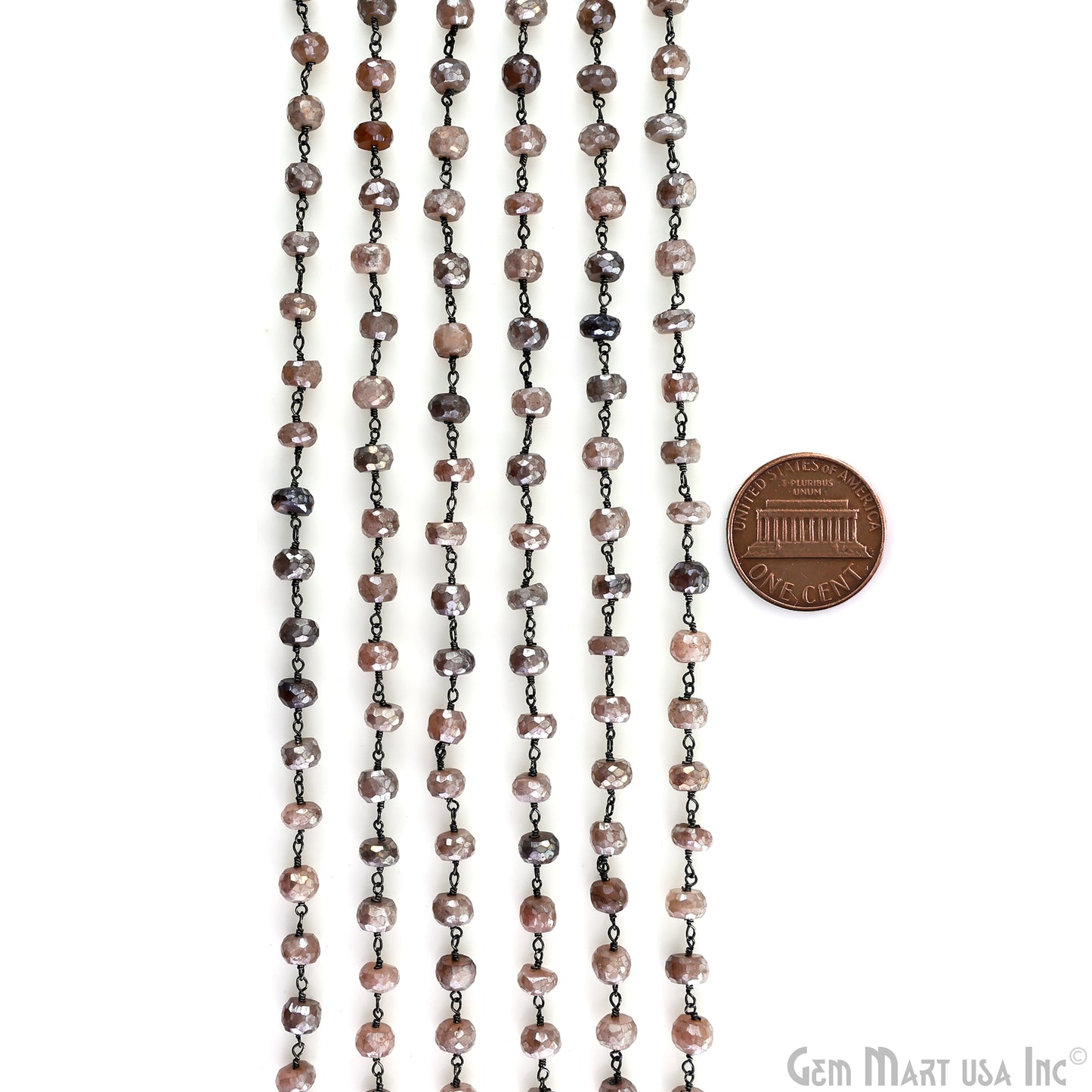 Peach Moonstone Faceted Beads 6-7mm Oxidized Wire Wrapped Beaded Rosary Chain