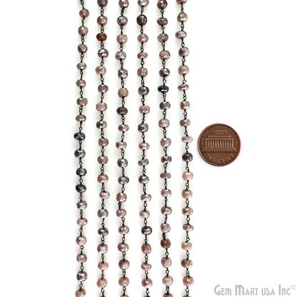 Peach Moonstone Faceted Beads 6-7mm Oxidized Wire Wrapped Beaded Rosary Chain