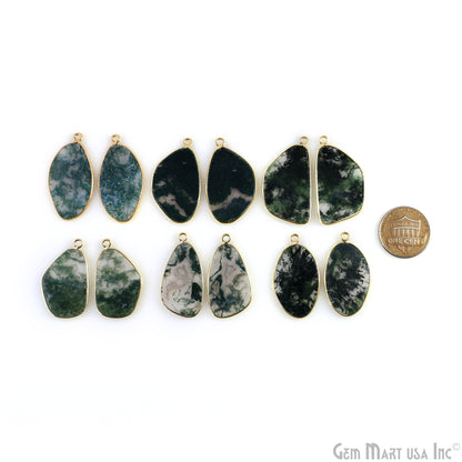 Moss Agate Free Form Gold Plated Single Bail Bezel Smooth Slab Slice Thick Gemstone Connector 31x16mm 1 Pair