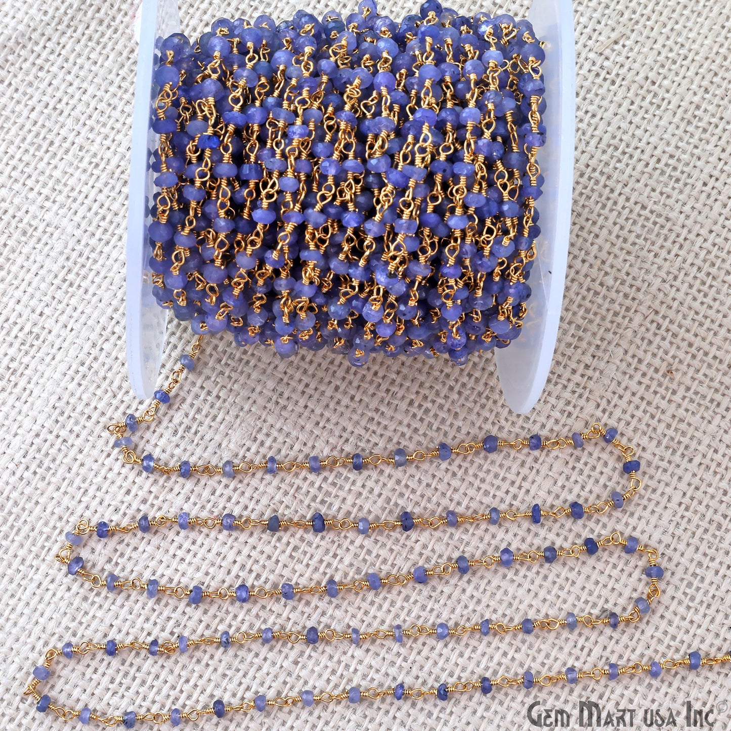 Natural Tanzanite 3mm Gold Plated Beaded Wire Wrapped Rosary Chain