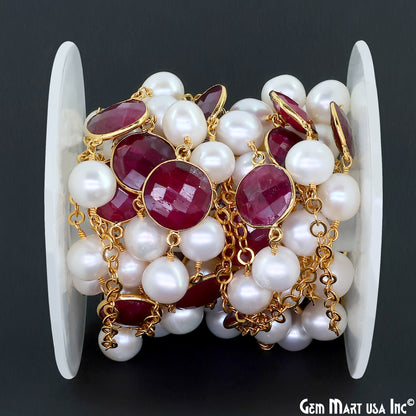 Ruby And Pearl Beads Gold Plated Round Shape Bezel Link Continuous Connector Chain