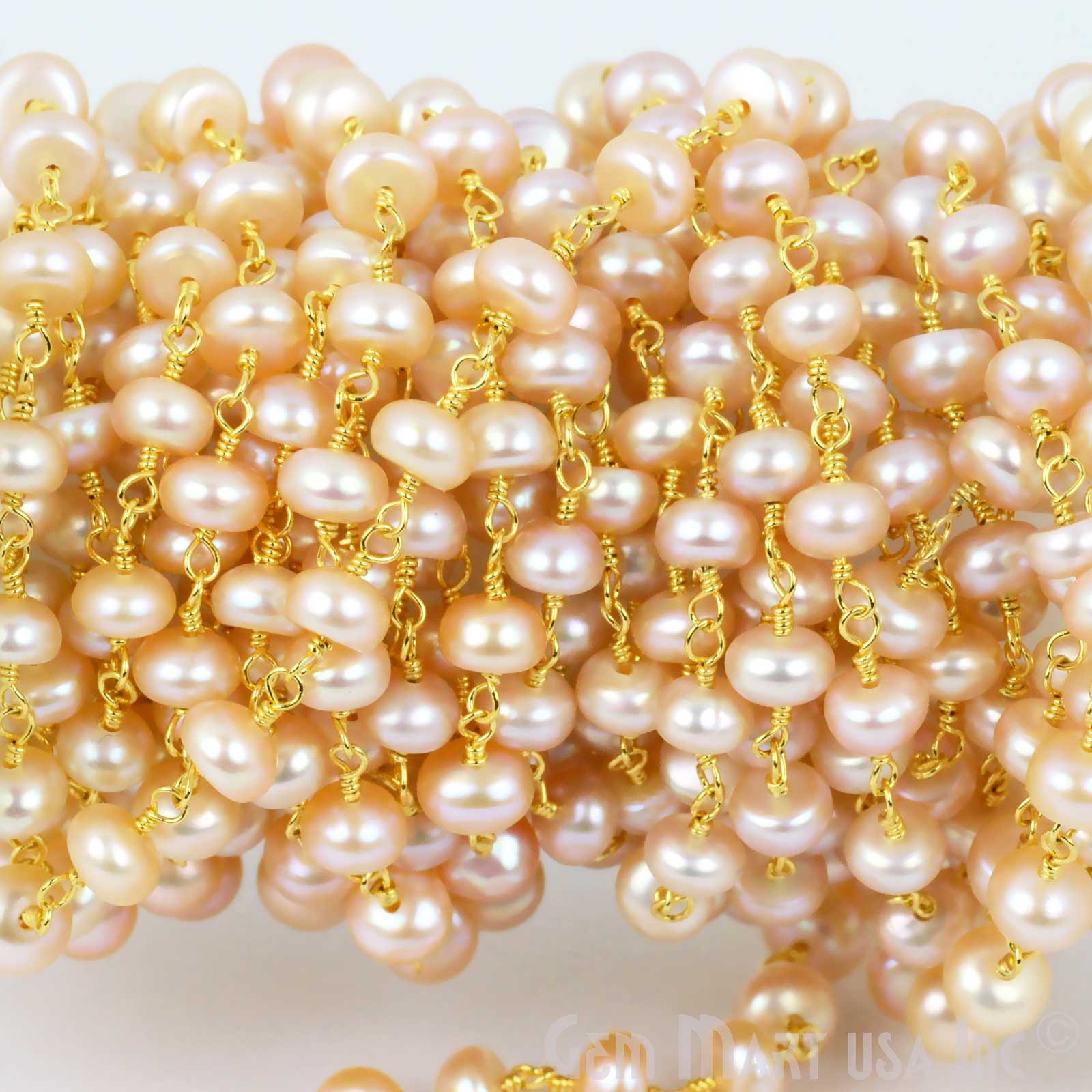 Pink Freshwater Pearl Round 5mm Gold Plated Wire Wrapped Gemstone Rosary Chain - GemMartUSA