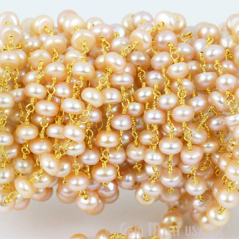Pink Freshwater Pearl Round 5mm Gold Plated Wire Wrapped Gemstone Rosary Chain - GemMartUSA