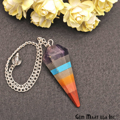 Seven Chakra Crystal Dowsing Pendulum - Natural Gemstone Pendant with Silver Chain